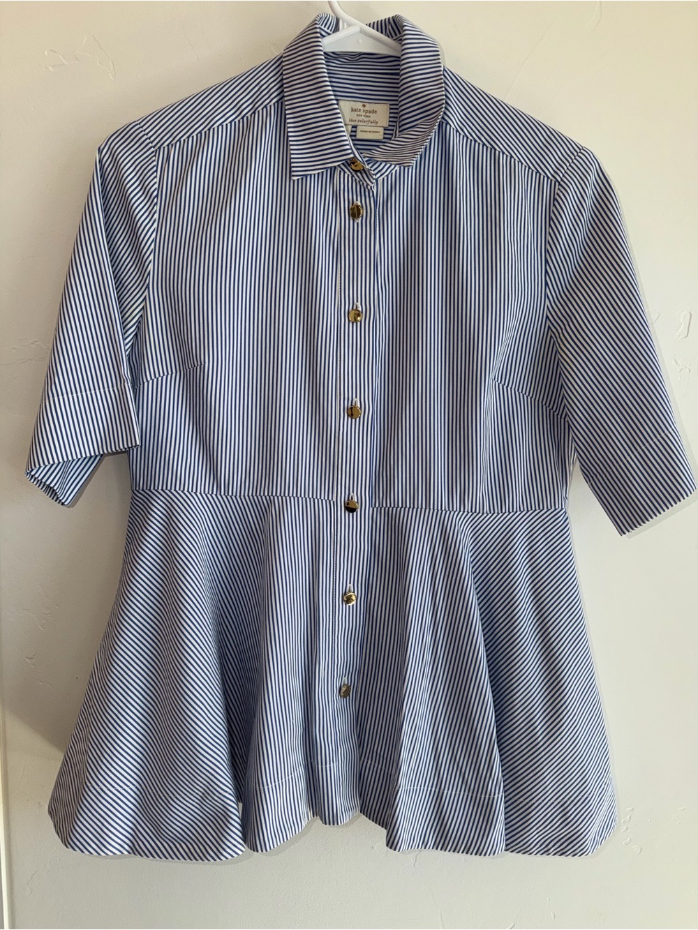 Kate Spade NY Blue White Stripe Peplum Button Front Blouse Size Small